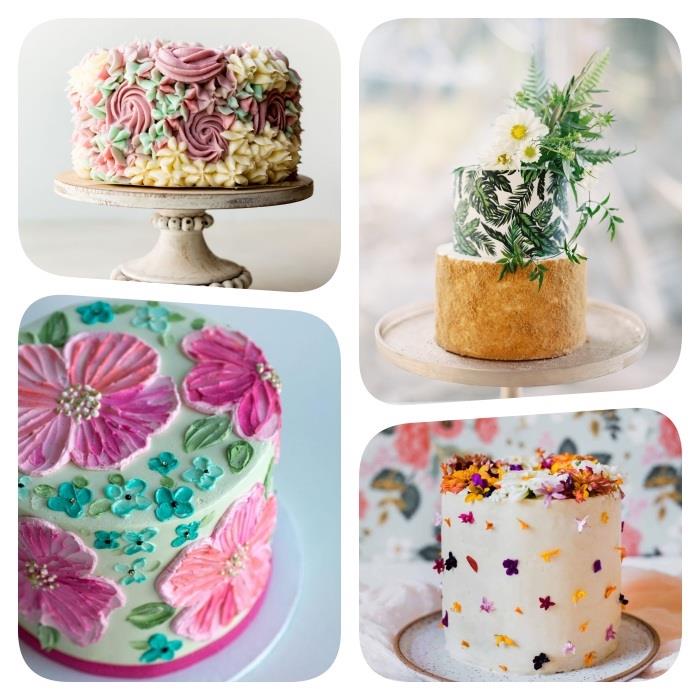 idé om en blommig tårta dekorerad med färgade smörkrämblommor, ätbara blommor och lövverk