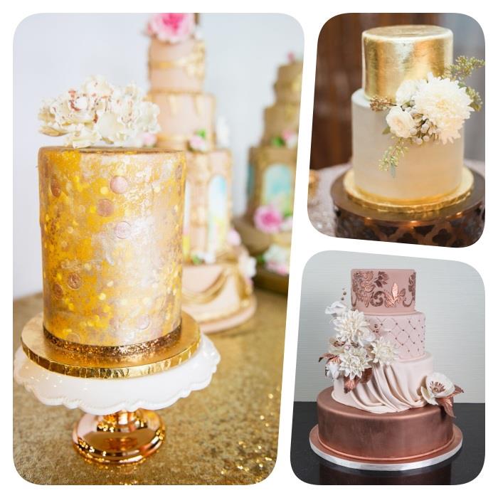 metallisk bröllopstårta, flera tårtidéer i guld- och kopparfärg
