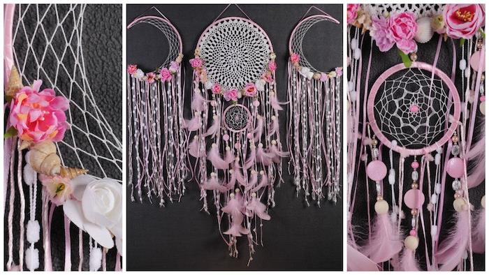 ako vyrobiť lapač snov, biele plátno, ružové perie a perly a mušle, ženský boho chic dekor