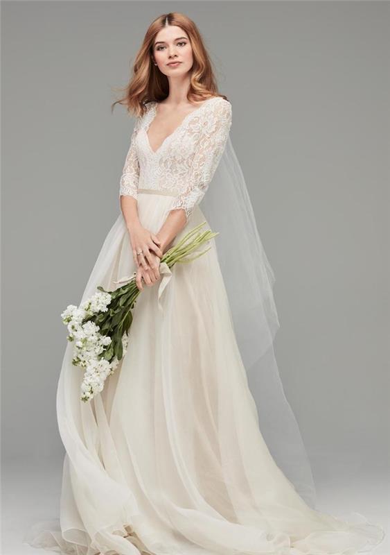 أجمل فساتين الزفاف ، فستان بأكمام دانتيل طويلة وتنورة متجددة الهواء شبه شفافة