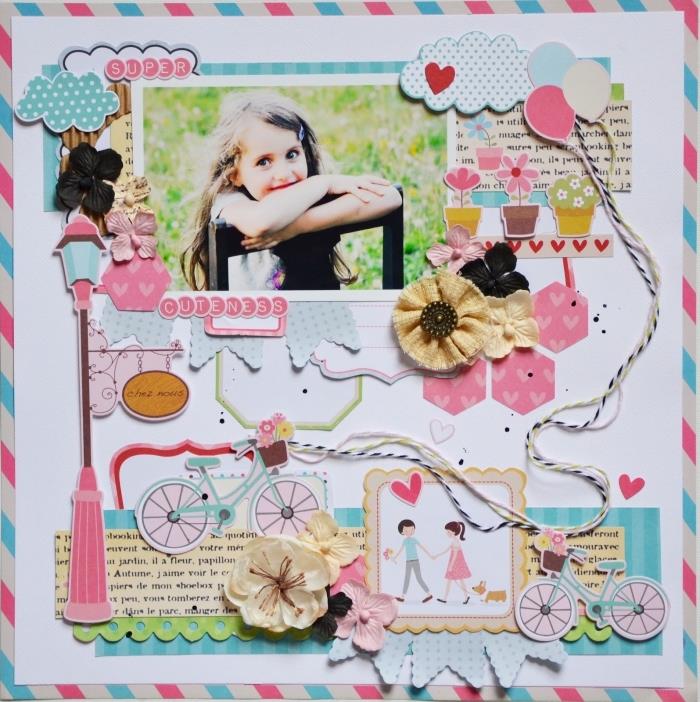 Cykelklipp, gatulampa, ballonger och blommor som omger foton av en liten tjej, billigt familjescrapbookingalbum, DIY resedagbok