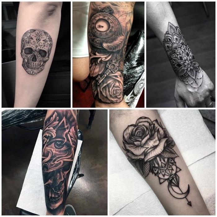 svartvitt grafisk tatuering, skalle, öga, ros, blomma, ros och kompass, tatueringsexempel på underarm