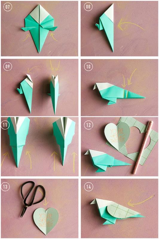 nápad na DIY papier na Valentína, návod na origami, ako vyrobiť vtáka, ktorý nesie sladké slovo