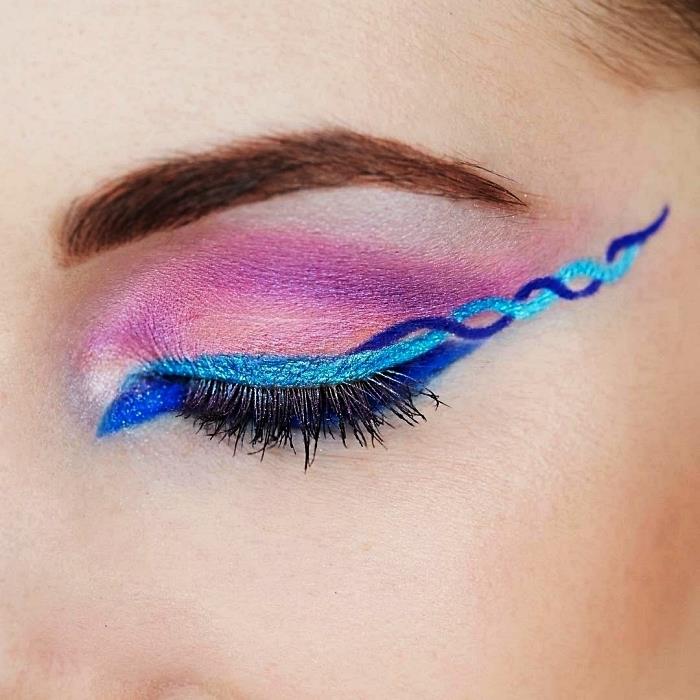 sista minuten enhörning smink idé, enhörning eyeliner spola med fransarna i nyanser av blått