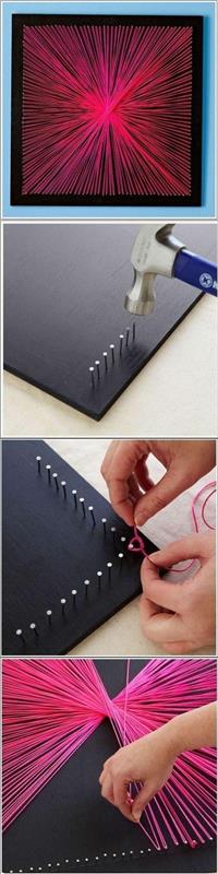 Rosa ulltråd i deco -design sträckt mellan sjunkna naglar, svart vardagsrumsbord