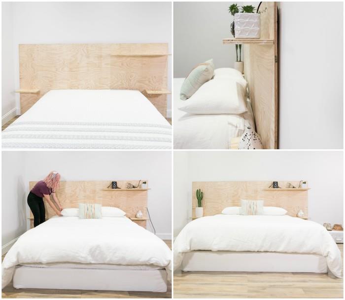 hur man gör en sänggavel av plywood med trähyllor, vita sängkläder, ljus parkett, dekorationstillbehör för sänggavel och personliga tillhörigheter