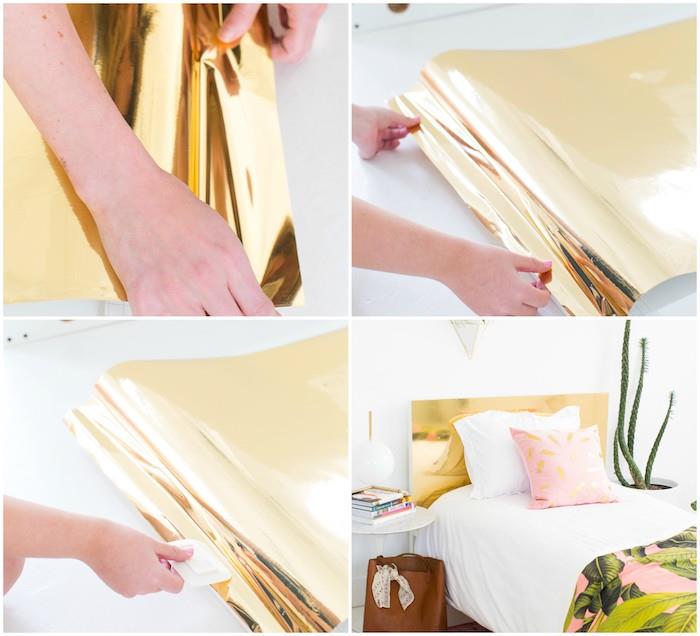 sänggavel dekoration exempel dekorerad med ett guld dekorativt lim, vita och rosa sängkläder, exotiskt mönster sängklädsel