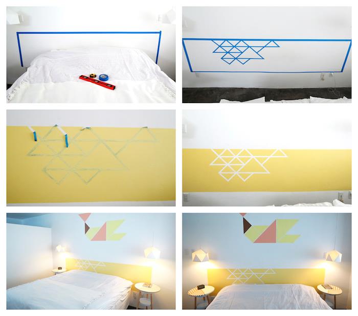 original geometrisk sänggavel i trianglar på en rektangelgul färg bakom sängen, snabb och enkel DIY