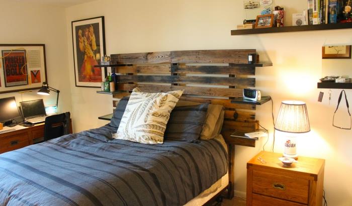 اللوح الأمامي البليت DIY ، ديكور غرفة نوم المراهقين مع مكتب من الخشب الداكن وطاولة بجانب السرير