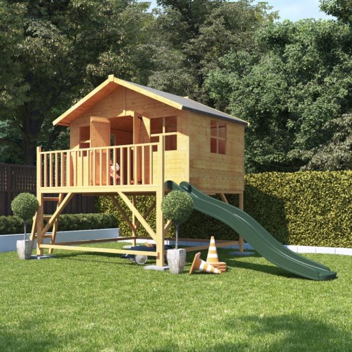 gör ett trädgårdsskjul med pallar eller trä, modellhus för spel med träterrass med rutschkana