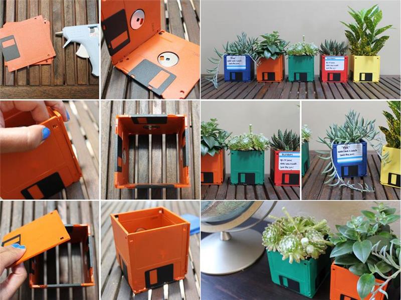 DIY projektový nápad s disketami rôznych farieb, ako si vyrobiť kvetináč, ručná činnosť, ktorú si musíte urobiť sami
