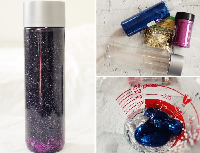 fyll en glasflaska med glitterfärg och vatten, diy galaxy effect leksak, exempel kreativ undervisningsmetod