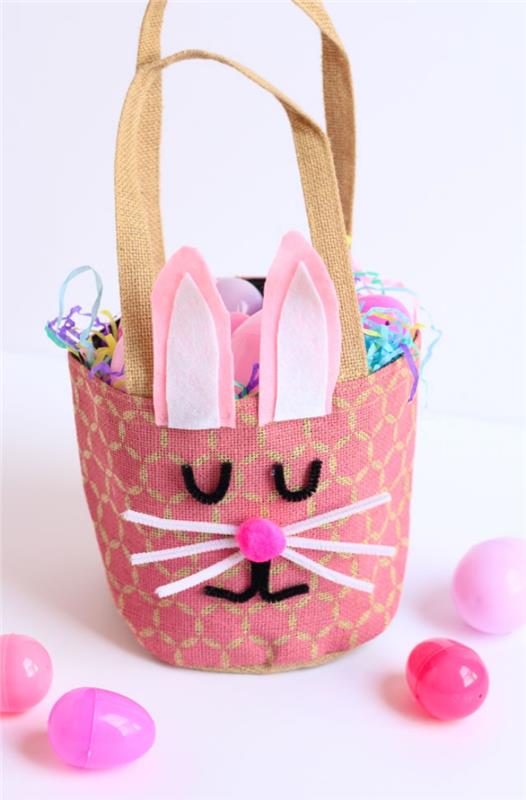 personalizovaná šablóna košíkovej tašky na Veľkú noc, urobte si tvár zajačika s cikáčom a ušami v ružovej a bielej plsti