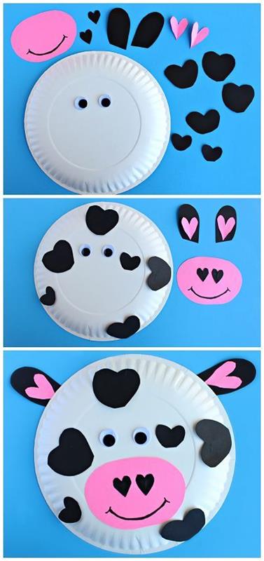 nápad vyrobiť kravskú hlavu na papierovom tanieri, pohyblivé oči, škvrny, papierový náhubok, na ktorý sa bude lepiť, manuálne činnosti materská škola