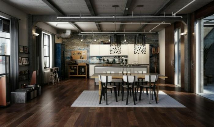 krémová farba-kuchyňa-fasáda-tehlová stena-vzhľad-použitie-priemyselné osvetlenie-mimoriadny dizajn-dekoratívne prvky-v antracitovej sivej