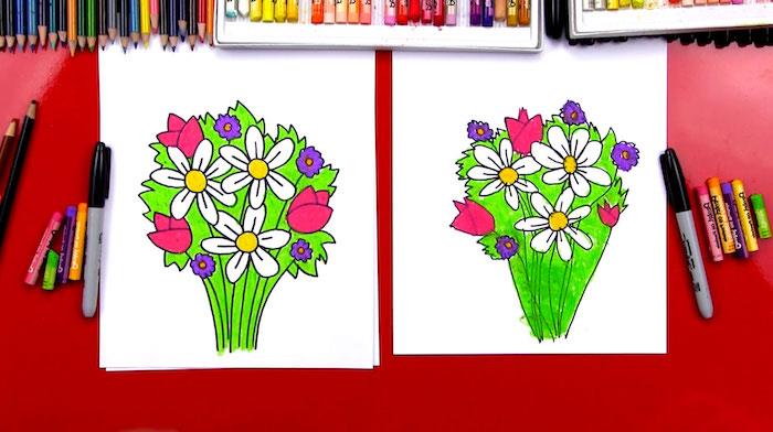 Kresba kytice farebných kvetov, kresba ľalieho kvetu sa naučí ľahko kresliť