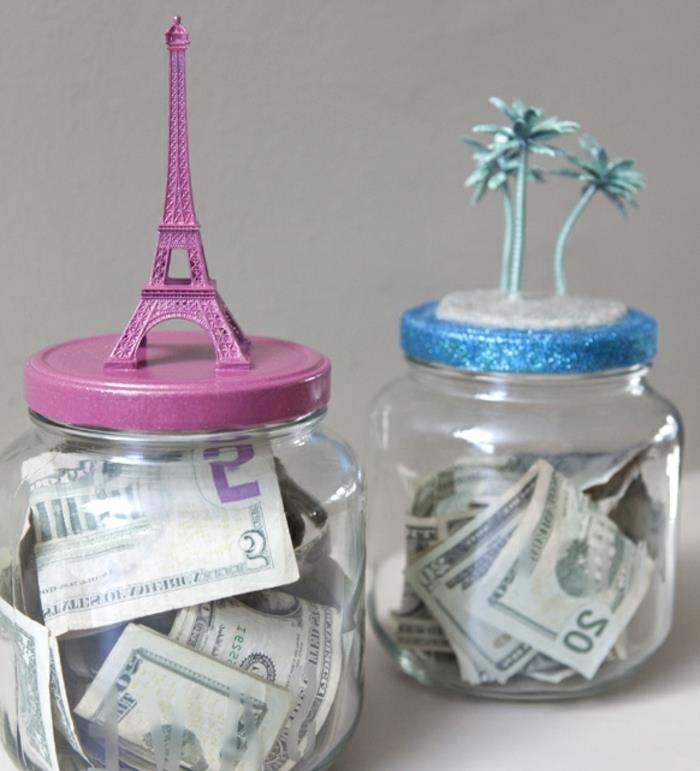 ušetrite peniaze na cesty, originálny tielire, sklenenú nádobu na bankovky, figúrky eiffelovej veže a palmy