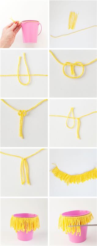 DIY dekorácia košíka na vajíčka, návod na výrobu girlandy s vlnenými strapcami, veľkonočné dekorácie urobte sami