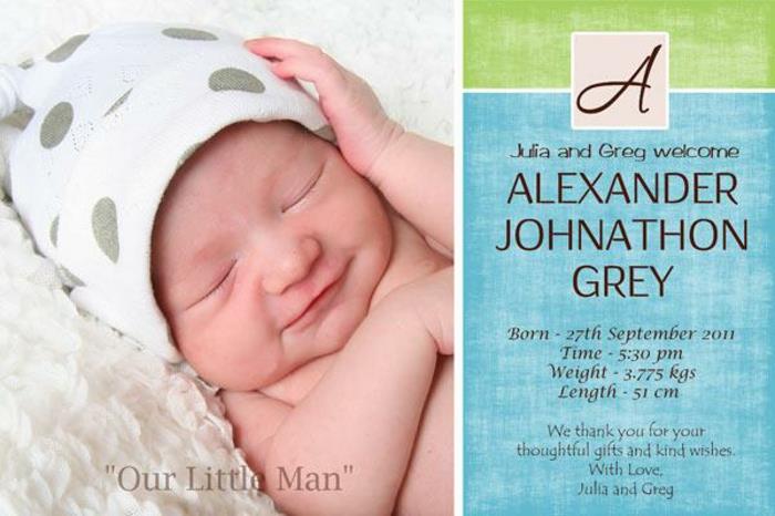 oznámenie o narodení s roztomilou fotkou novorodenca, dôležité informácie