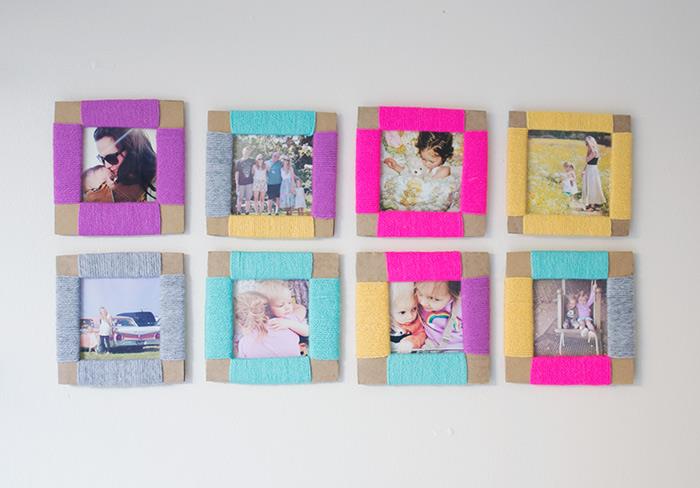 vyrábajte štvorcové fotorámčeky z kartónu a viacfarebnej vlnenej priadze, ľahká ručná činnosť pre dospelých, darček ku dňu matiek