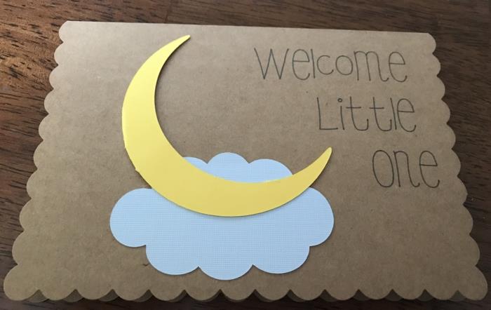 vyrobte si personalizovanú kartu, vitajte malé dieťa, lunárny disk a modrý oblak