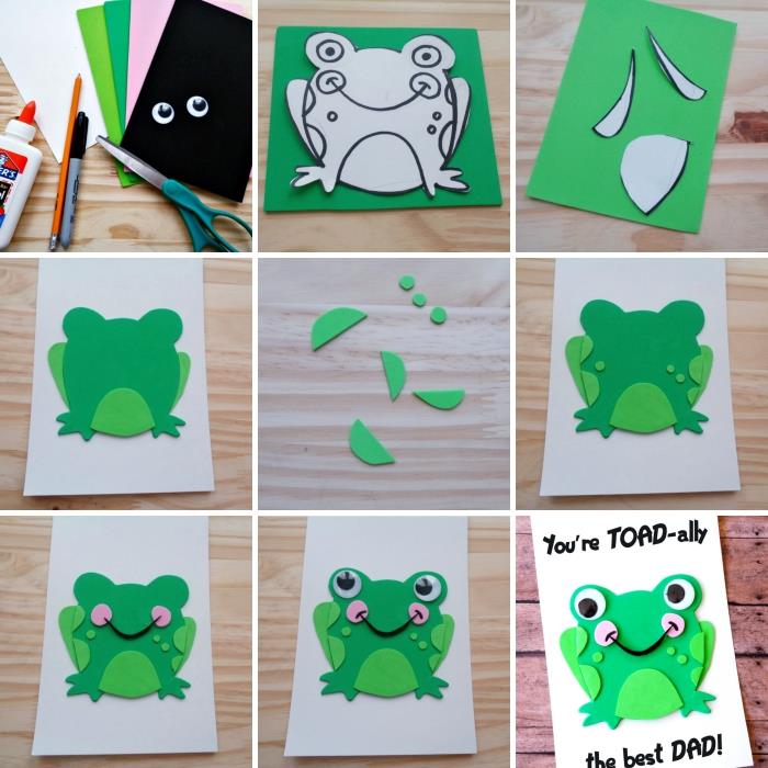 dagis fars dag gåva steg för steg för att göra enkelt kort med grönt papper 3D groda med wiggly ögon