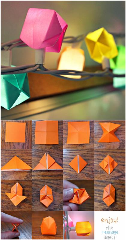 originálna dekorácia so svetlou girlandou ozdobená balónmi origami, ľahký návod na origami, ako dobre začať v umení skladania papiera