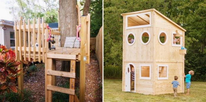 hus för utomhusbarnslekar, exempelvis träterrass på styltor med stege för spel, gör en trädgårdsbod med pallar