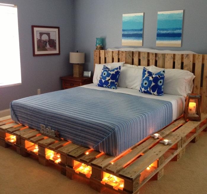 اصنع اللوح الأمامي والديكور البحري في غرفة نوم البالغين بسرير بحجم كينج في إطار لوح خشبي