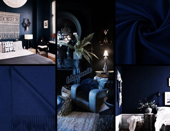 ako vyzdobiť modernú polnočnú modrú spálňu bohémsky elegantnými predmetmi, nástenná maľba diy macrame na tmavo modrej stene