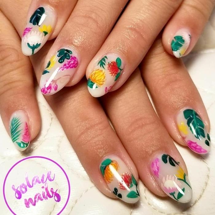 sommar nageldekoration, tropisk design manikyr, exotiska frukter och blad nageldesign