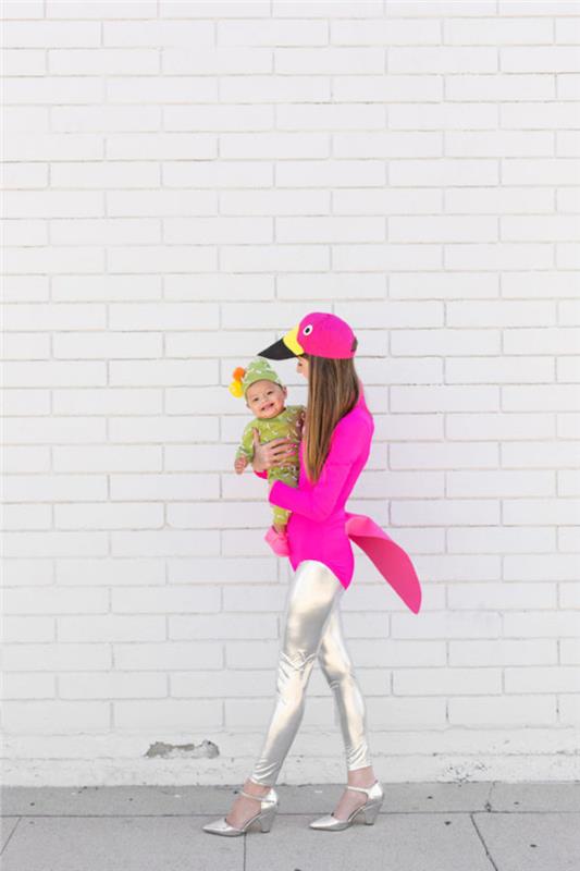 Fågeldräkt till Mardi Gras -karnevalen, neonrosa topp och leggings i metalleffekt, kvinna kostym enkel idé