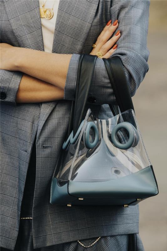 trendig handväska i två material, kombination av läder och akryl, klassisk lång jacka