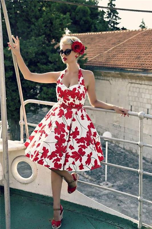 زهور حمراء على فستان أبيض بدون حمالات ، 50s دبوس ، أزياء 50s ، مظهر عصري للمراة العصرية