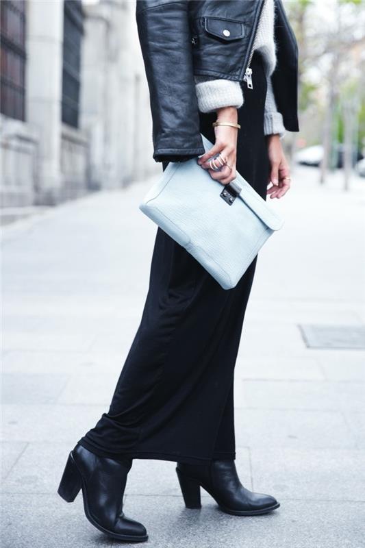 fotledsklänning, lång svart kjol, läderjacka, grå överdimensionerad tröja, handväska, smycken