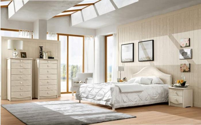 vitt och beige design sovrum med betongtak och träfönster med ljust trävägg