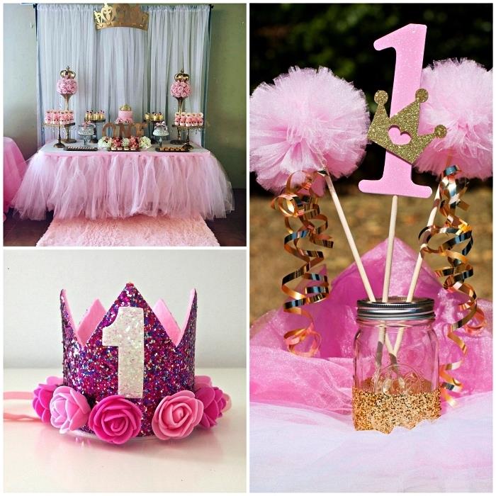 idé för födelsedagsborddekoration på prinsessans tema, gourmetbuffé med födelsedagsbord dekorerad med en rosa tyllkjol, mittpunkt med glasburk för att dekorera ett födelsedagsbord på prinsessans tema