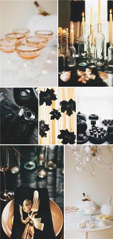halloweenaktivitet, dekoration i svart och guld, hur man ordnar halloweenbordet med champagneglas och halloweenljus