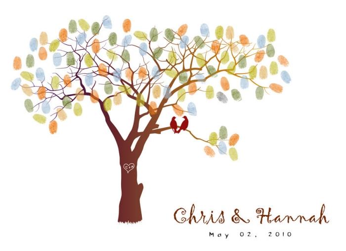 غلاف لألبوم صور سكرابوكينغ تحت عنوان الزفاف مع رسم الطيور والشجرة بأوراق الشجر الملونة