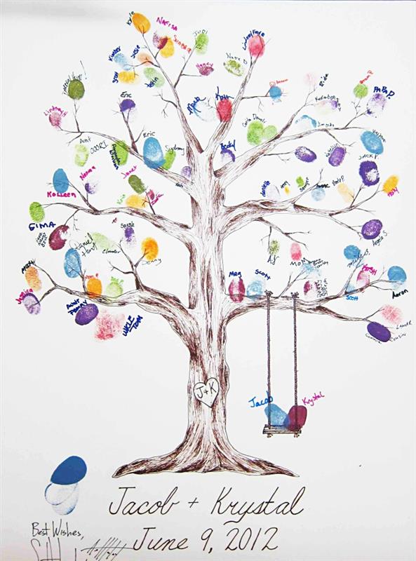 رسم ملون بأرجوحة وشجرة بأوراق الشجر مع بصمات حبر ملونة