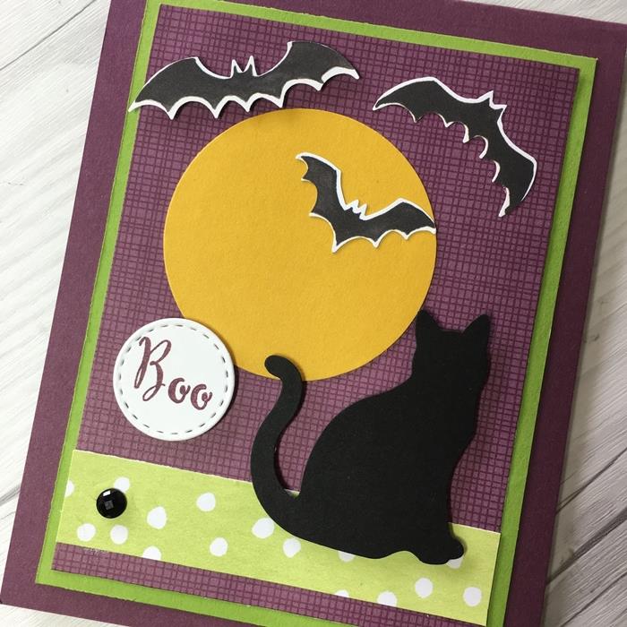 svart papper katt silhuett figur skapelse halloween fullmåne gul kartong fladdermus papper vikning halloween kort
