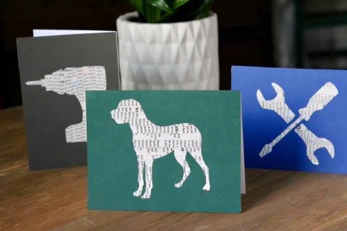 hur man gör ett enkelt kort för fars dag, grönt papper kortmall med hundmönster skuren ur bokstäver papper