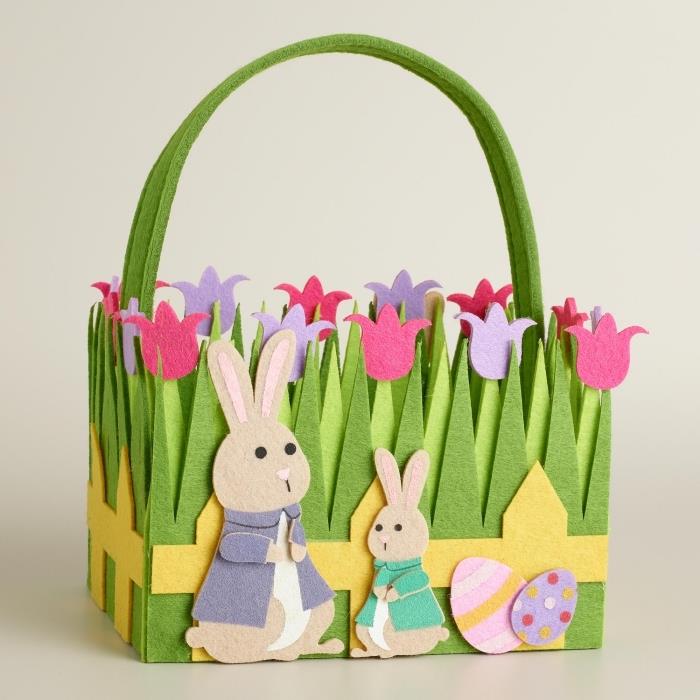 DIY veľkonočný nápad ľahko vyrobiteľný s deťmi, vystrihnite figúrky tulipánov a králikov z plsteného papiera