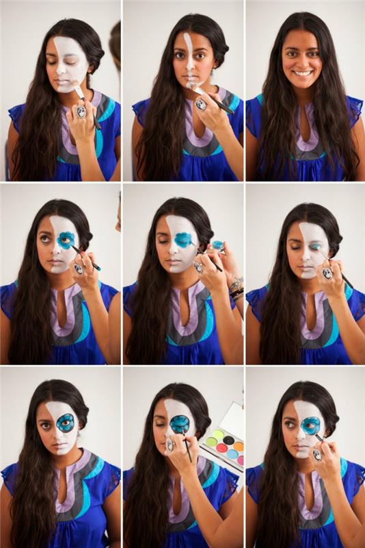 ľahká žena, halloweensky make -up, tvár s polovicou lebky, dlhé vlasy, modrý outfit, modré kruhy okolo očí