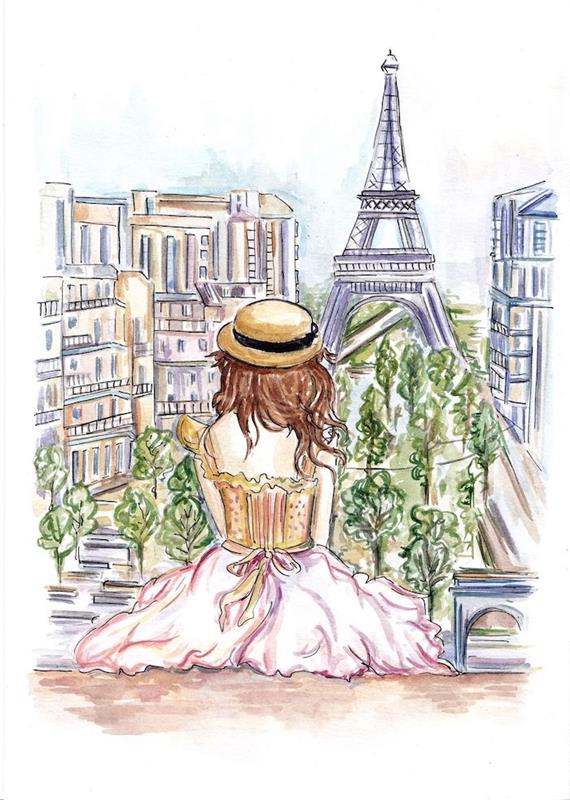 Flicka i Paris, vacker klänning, tittar på Eiffeltornet från Trocadéro -platsen, perspektivritning, enkel och vacker teckning som man ska rita