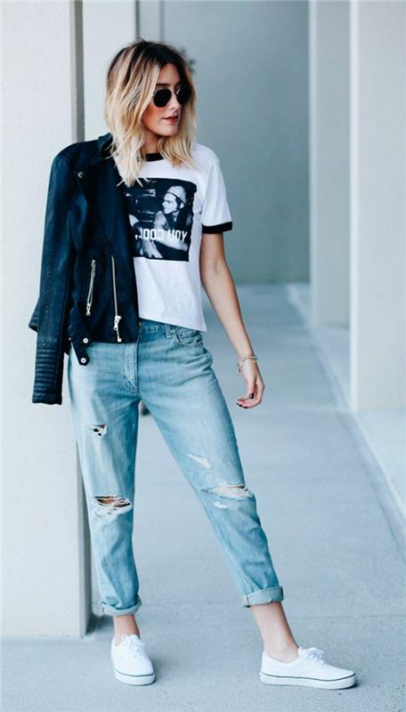 Kvinnors snygga outfit swagg kläder för tjejer billiga ripped jeans vita sneakers