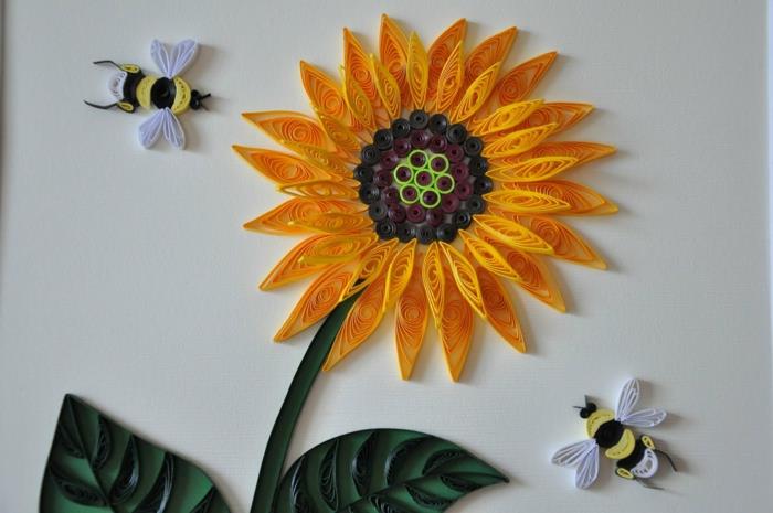 quillingový kvet, žltá slnečnica s poletujúcimi včelami, ľahké tvary