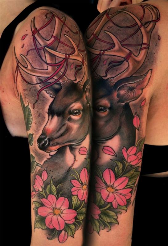 farebné obrázkové kvety a jelene, tetovanie na celej ruke, ružové kvety a roztomilé jelene
