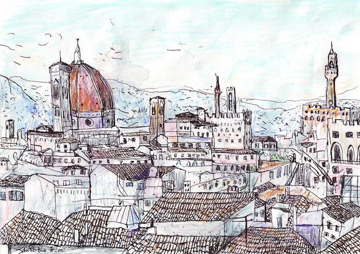 Ritning av medeltida byggnader i Florens, enkel och vacker teckning, prova konstnärlig ritstil