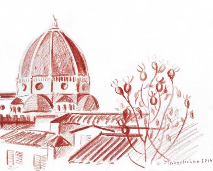 Florens katedral och blommande träd i förgrunden, idé för att rita de vackraste städerna i världen, enkel och vacker teckning